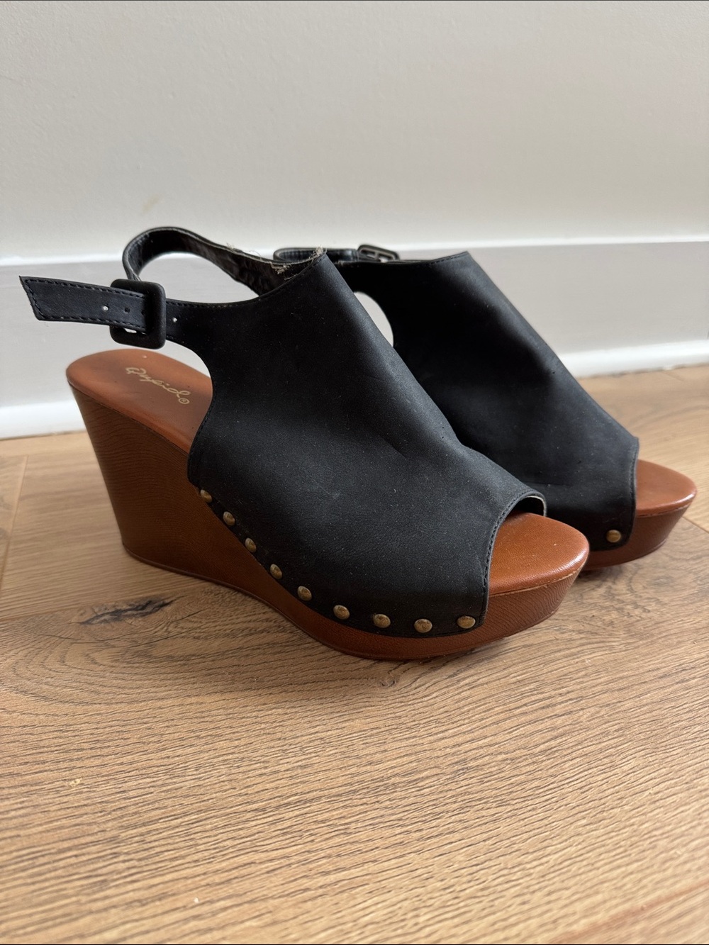 Qupid Black Suede Peep-Toe Platform Wedge Sandals